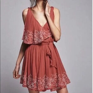 Free People Boho Beaded Flouncy Overlay Wrap Dress Dusty Rose Sz XS